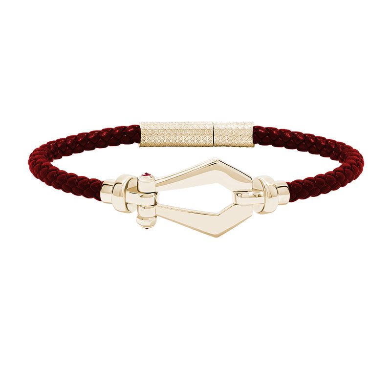 Atolyestone Men's Leather and Buckle Bracelet in Solid Yellow Gold - Red Nappa