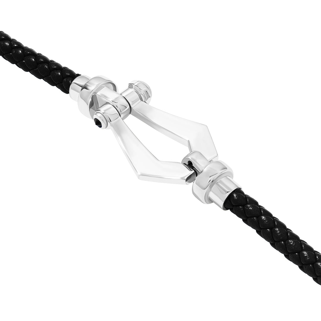 Leather and Buckle Bracelet in Solid Sterling Silver - Black Nappa