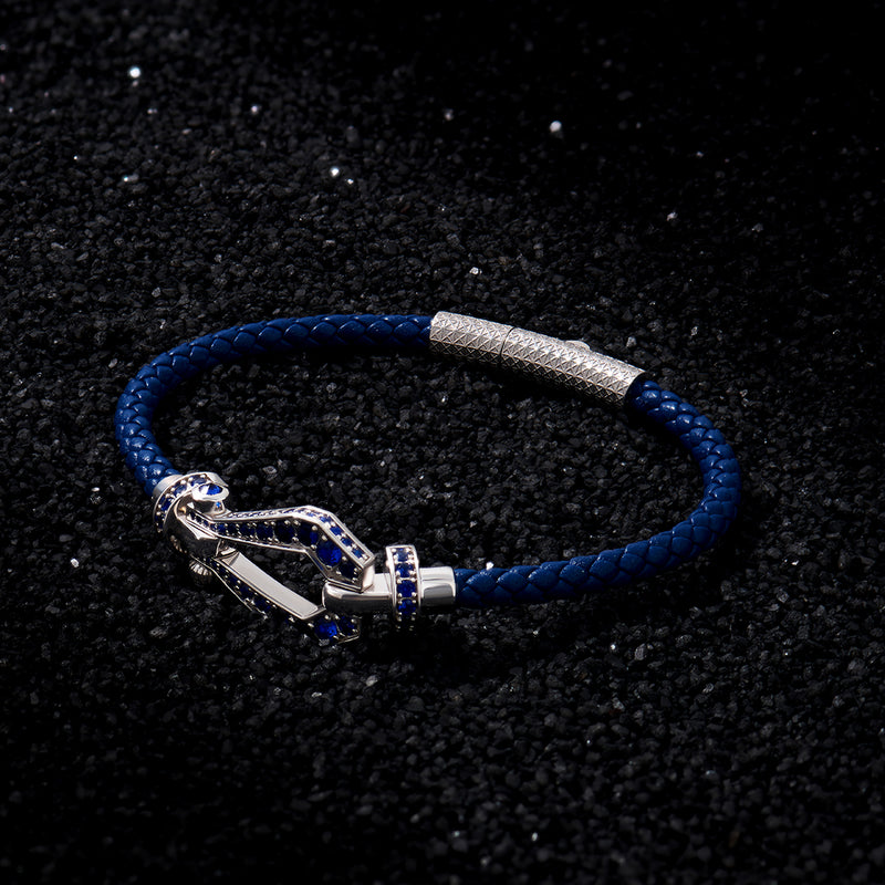 Pave Buckle and Leather Bracelet in Solid Gold - Blue Nappa