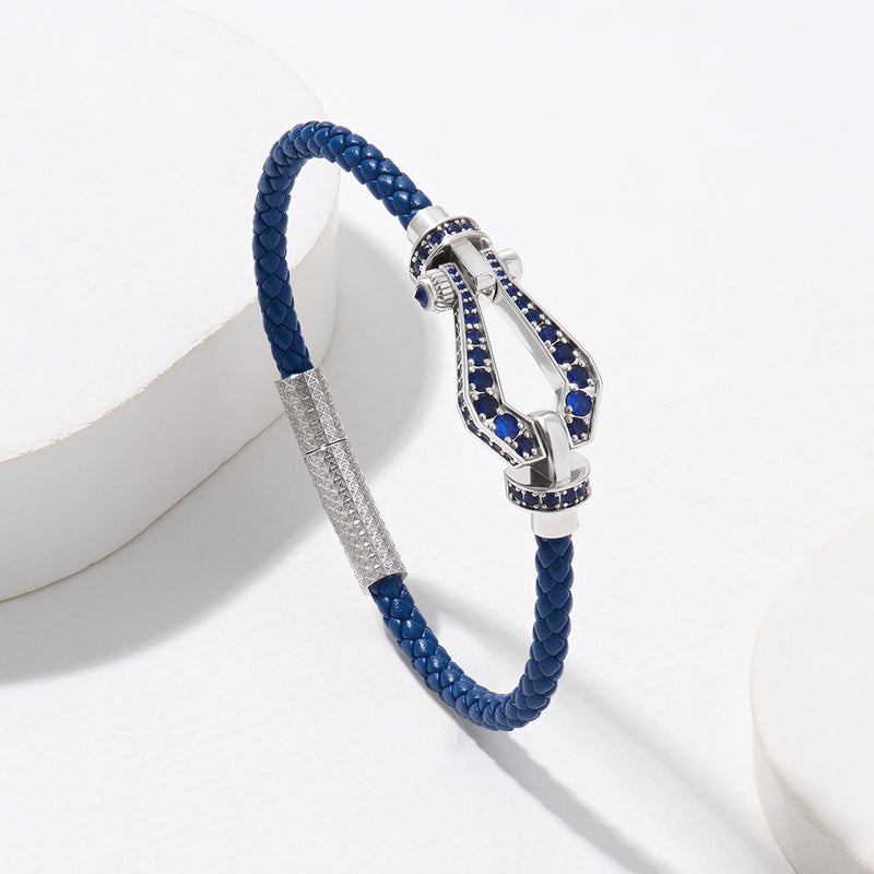 Premium Pave Buckle and Leather Bracelet in Solid Silver - Blue Nappa