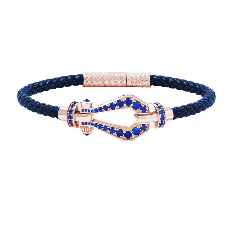 Atolyestone 1.85ct Pave Buckle and Leather Bracelet in Solid Rose Gold - Blue Nappa