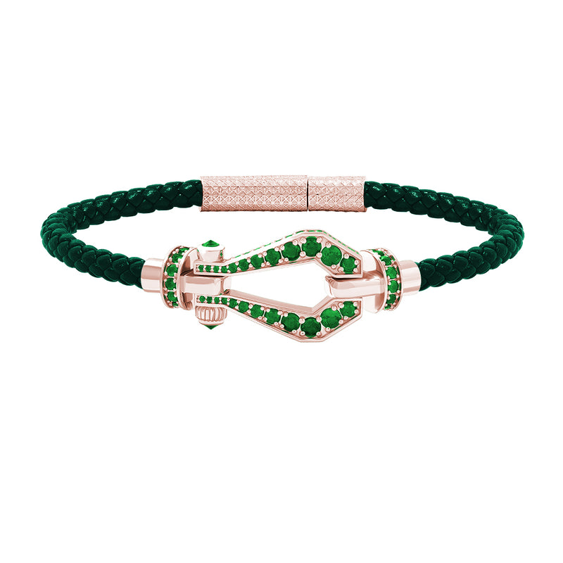 Atolyestone 1.85ct Pave Buckle and Leather Bracelet in Solid Rose Gold - Green Nappa