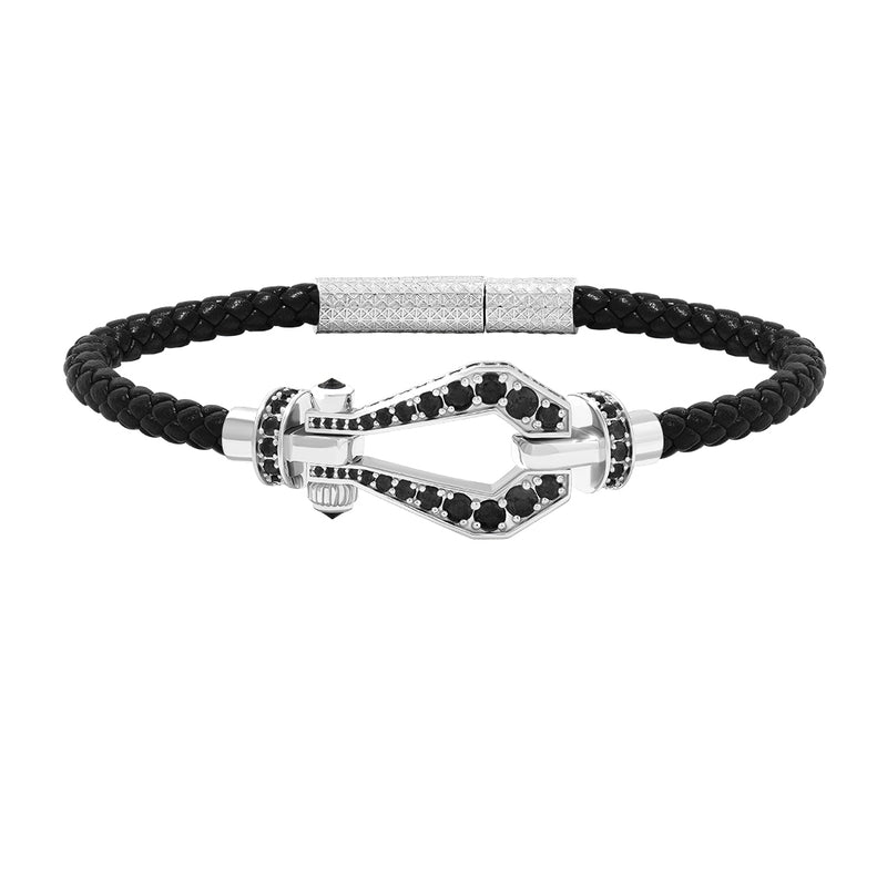 Atolyestone 1.85ct Pave Buckle and Leather Bracelet in Solid White Gold - Black Nappa