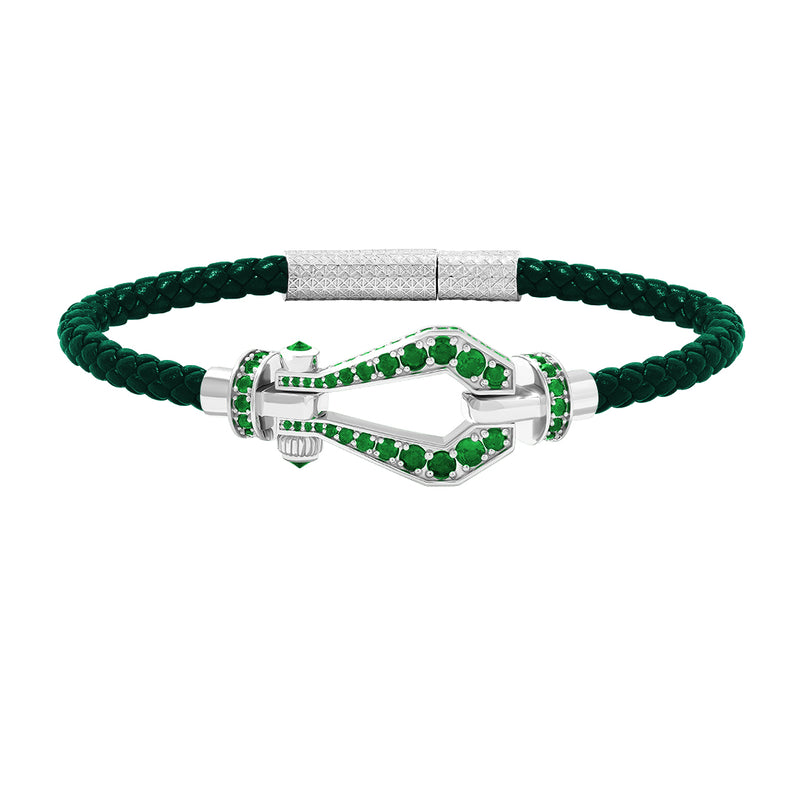 Atolyestone 1.85ct Pave Buckle and Leather Bracelet in Solid White Gold - Green Nappa