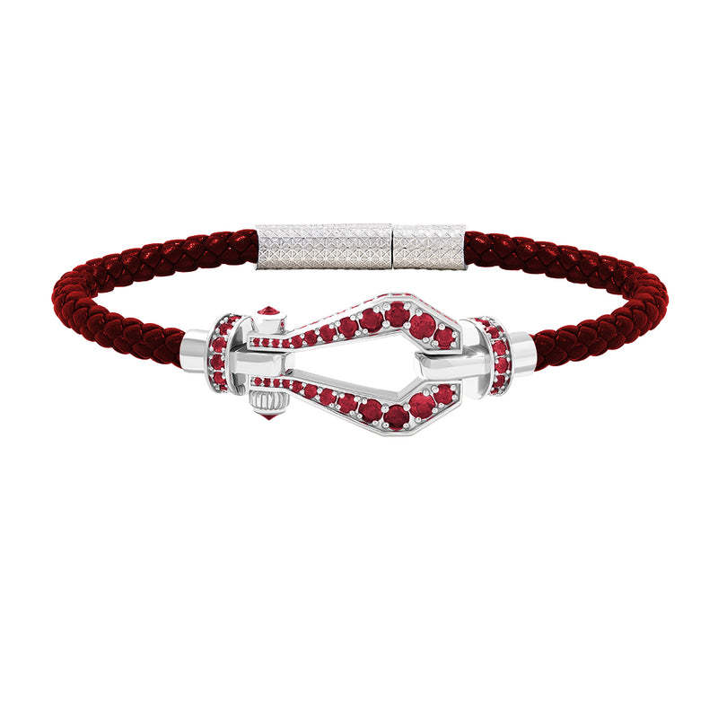 Atolyestone 1.85ct Pave Buckle and Leather Bracelet in Solid White Gold - Red Nappa