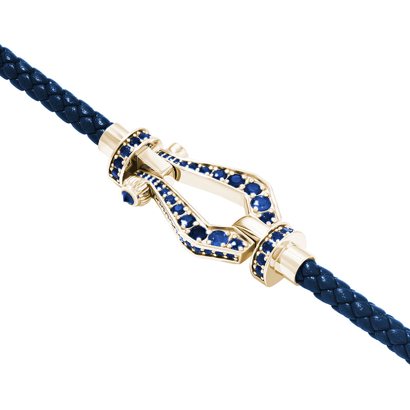 Men's Premium Pave Buckle and Leather Bracelet in Solid Yellow Gold - Blue Nappa