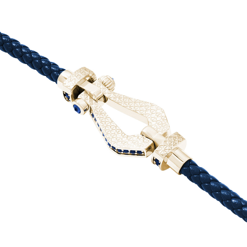 Premium Atolyestone Pave Buckle and Leather Bracelet in Solid Yellow Gold - Blue Nappa