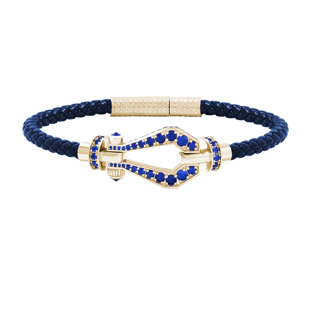 Atolyestone 1.85ct Pave Buckle and Leather Bracelet in Solid Yellow Gold - Blue Nappa