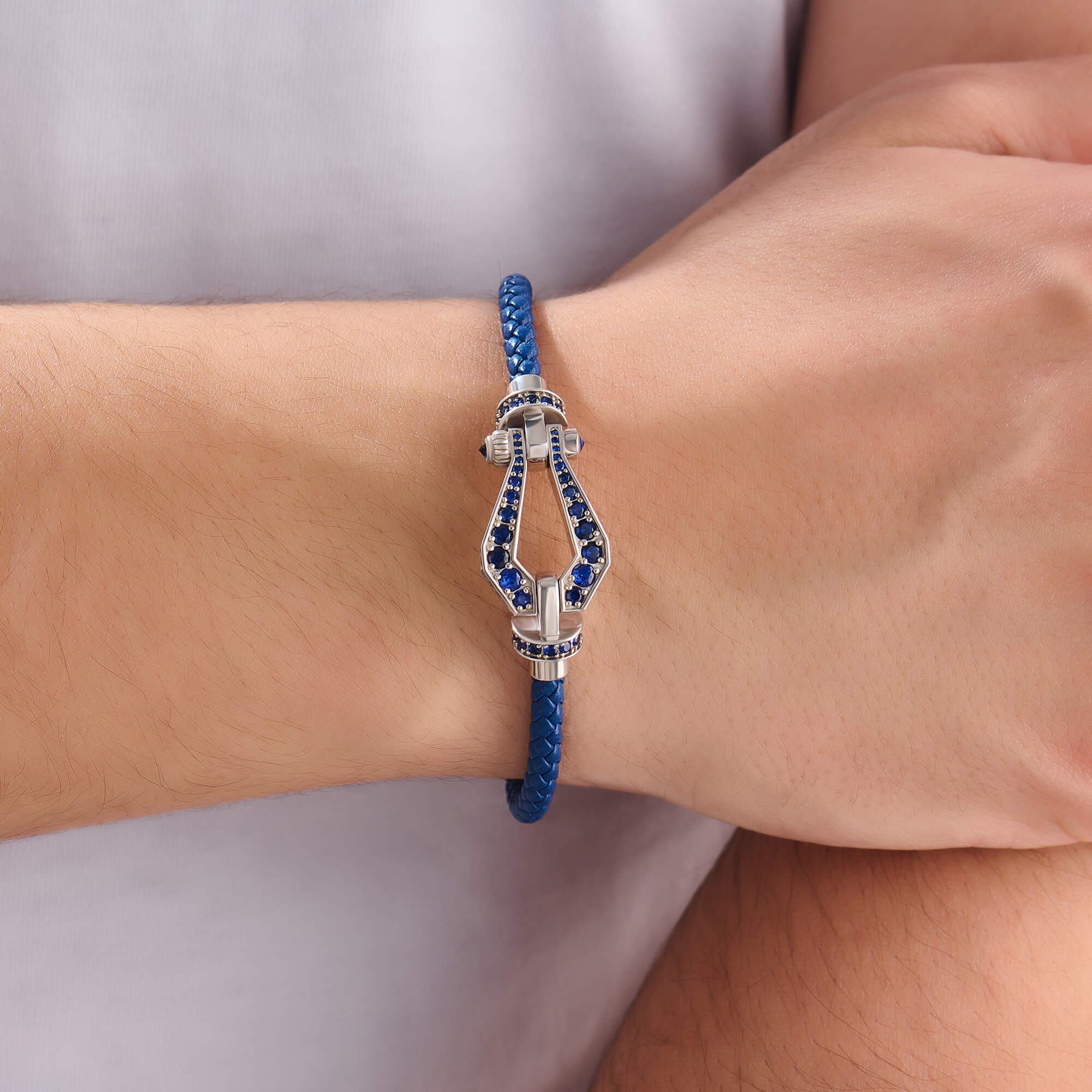 Men's Premium Sapphire Paved Buckle Leather Bracelet in Solid White Gold
