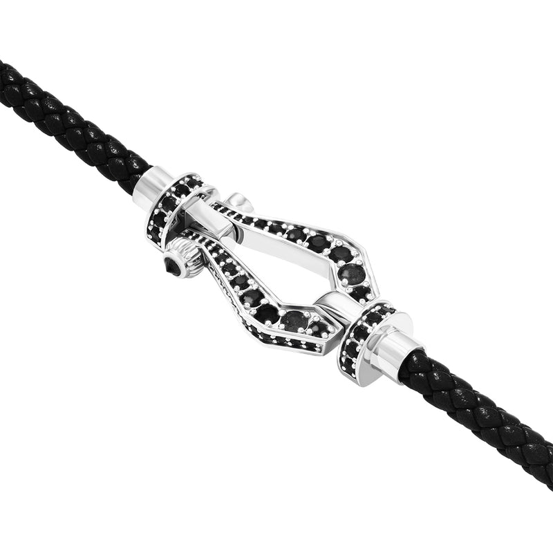 Atolyestone Premium Pave Buckle and Leather Bracelet in Solid Silver - Black Nappa