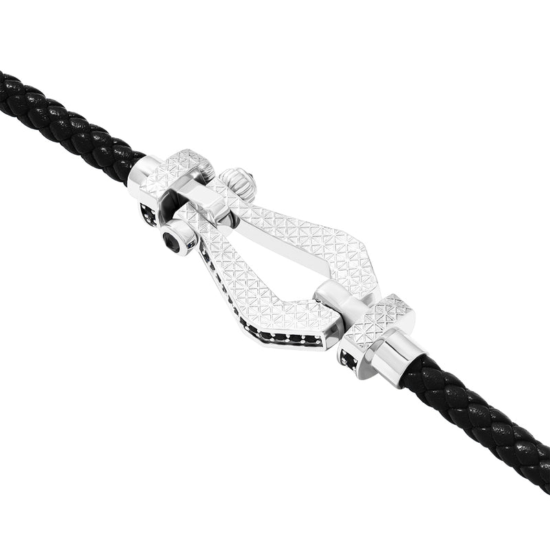 Premium Pave Buckle and Leather Bracelet for Men in Solid Silver - Black Nappa