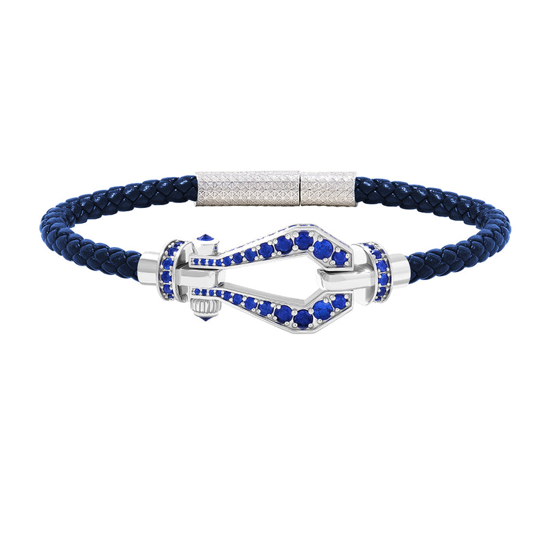 Atolyestone Premium Pave Buckle and Leather Bracelet in Solid Silver - Blue Nappa