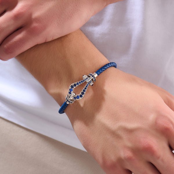 Men's Premium Blue CZ Paved Leather Buckle Bracelet in 925 Sterling Silver