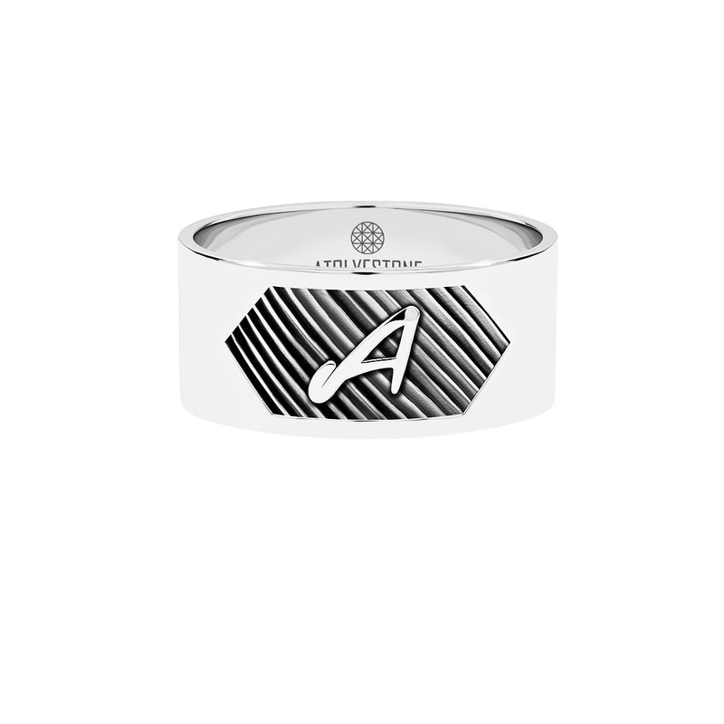 Men's Solid White Gold Personalized Textured Bold Band Ring - Atolyestone