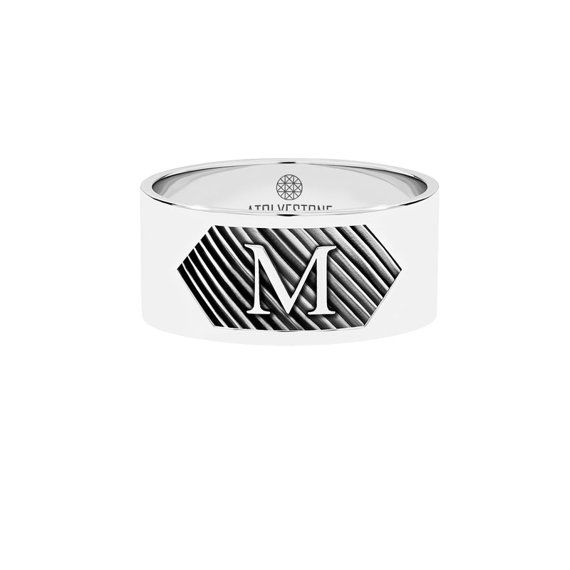 Solid White Gold Personalized Textured Bold Band Ring - Atolyestone