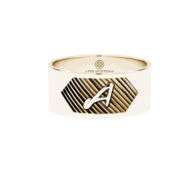 Men's Solid Yellow Gold Personalized Textured Bold Band Ring - Atolyestone