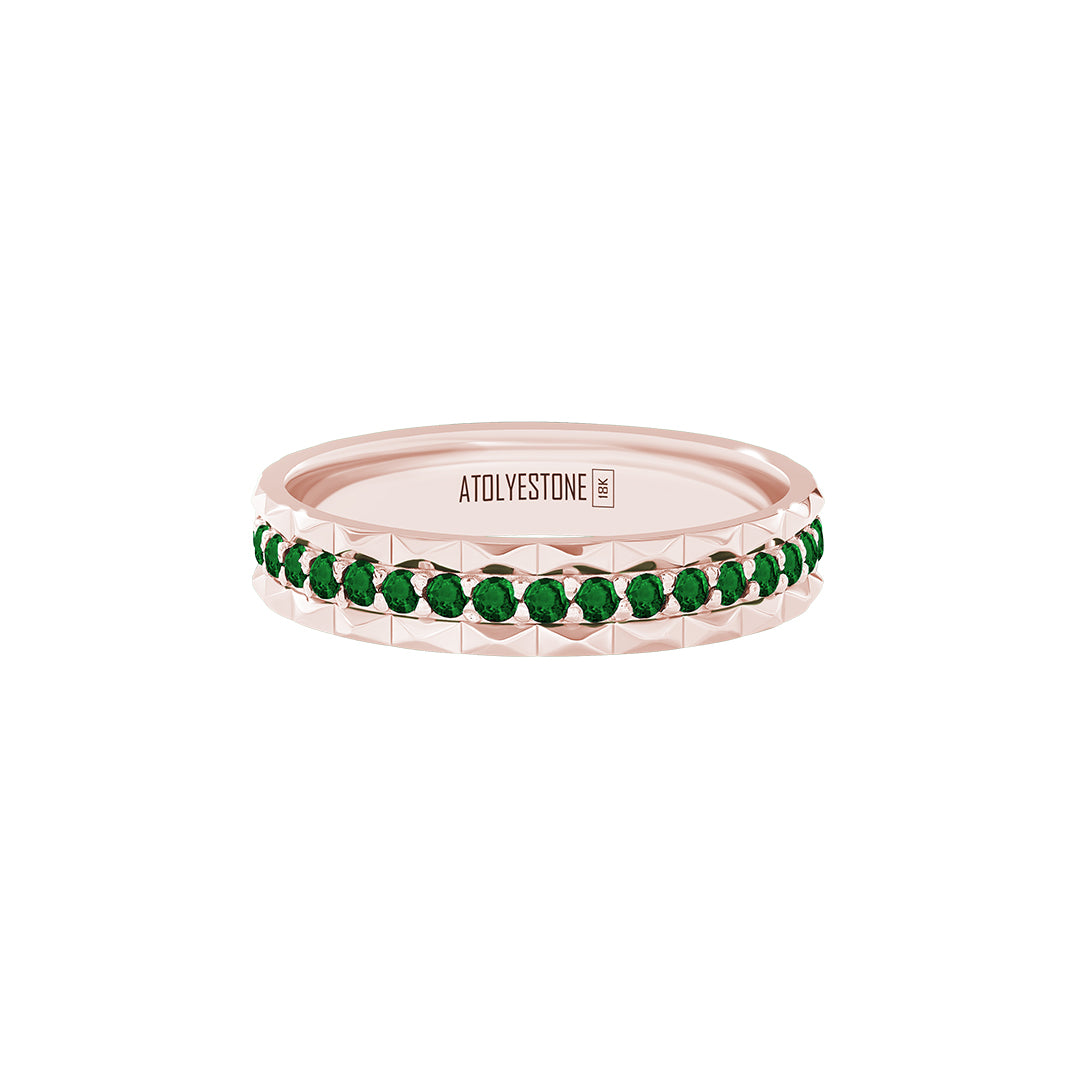 Pyramid Edge Pave Band Ring in Solid Rose Gold - Pave Emerald