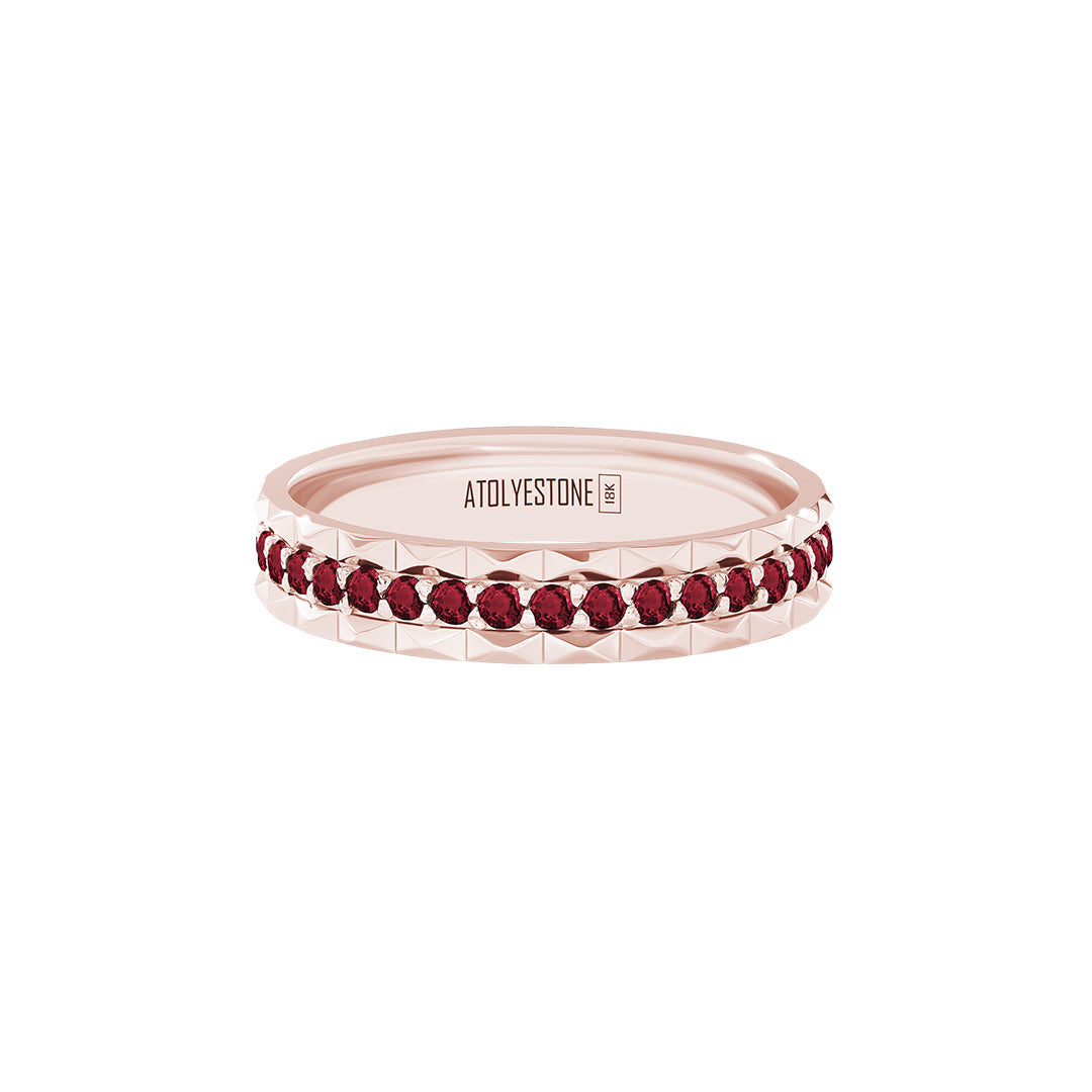 Pyramid Edge Pave Band Ring in Solid Rose Gold - Pave Ruby
