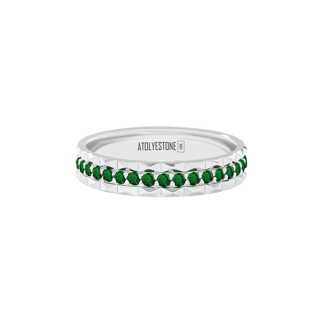 Pyramid Edge Pave Band Ring in Solid White Gold - Pave Emerald