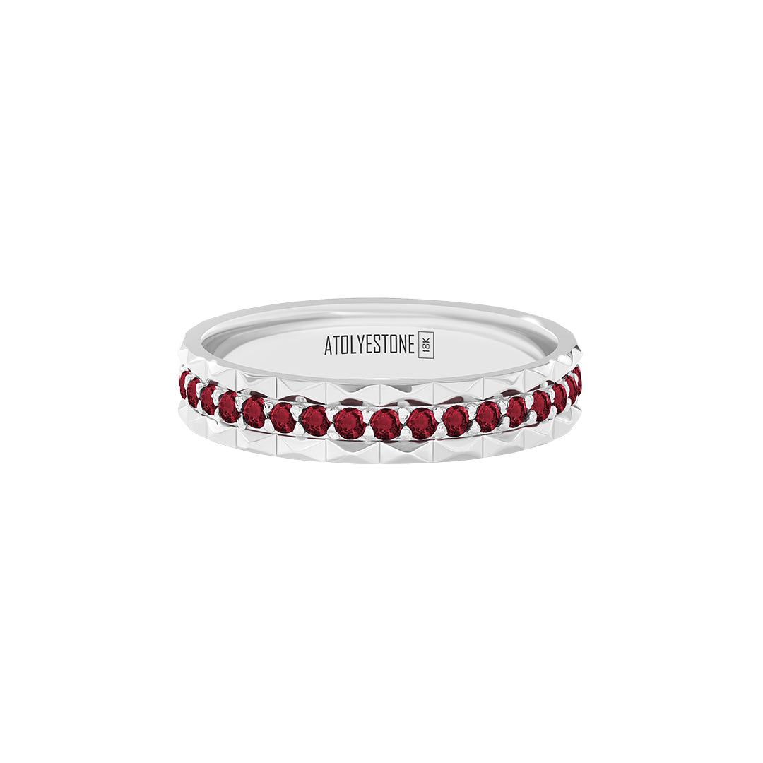 Pyramid Edge Pave Band Ring in Solid White Gold - Pave Ruby