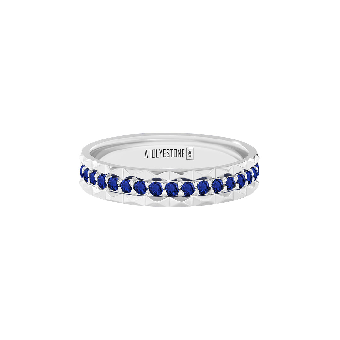 Pyramid Edge Pave Band Ring in Solid White Gold - Pave Sapphire