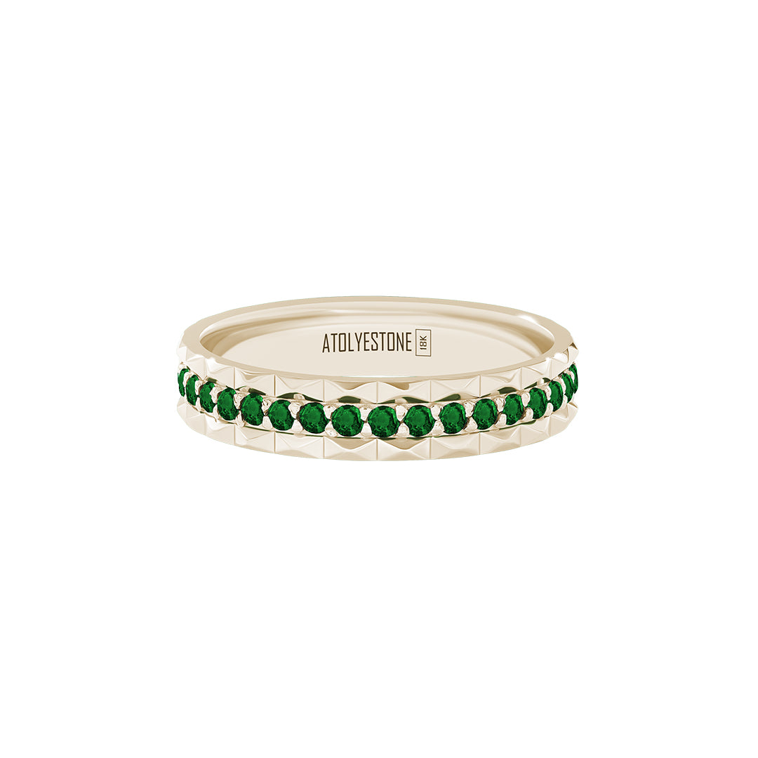Pyramid Edge Pave Band Ring in Solid Yellow Gold - Pave Emerald