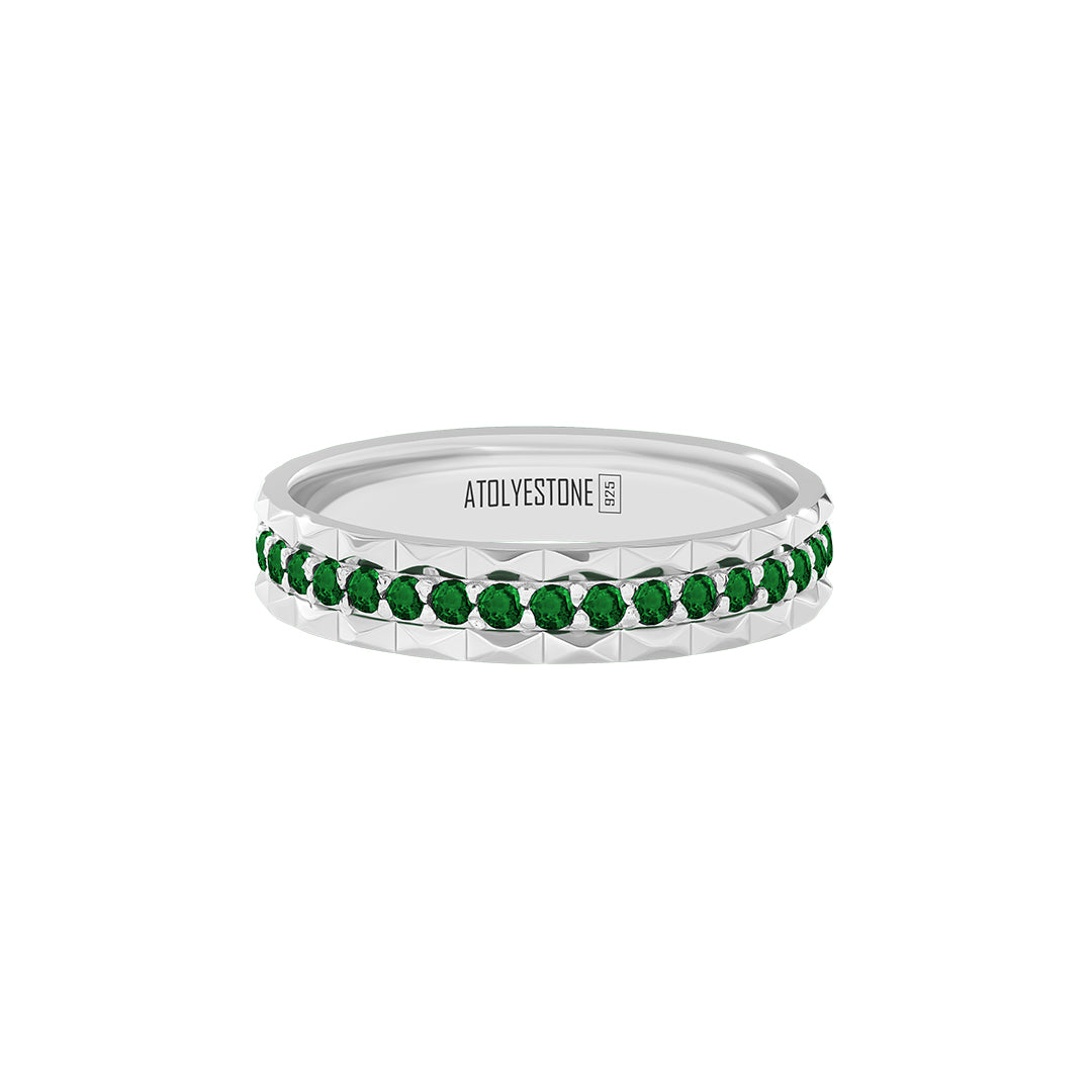 Pyramid Edge Pave Band Ring in 925 Sterling Silver - Pave Emerald