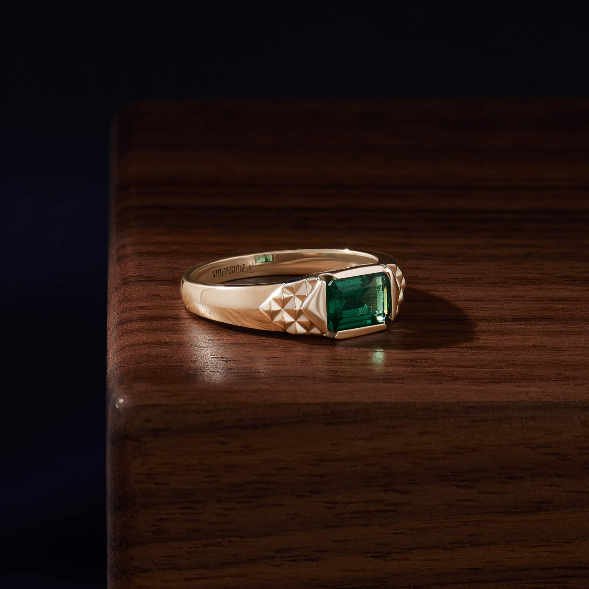 Solid Gold Pyramid Emerald Paved Signet Ring