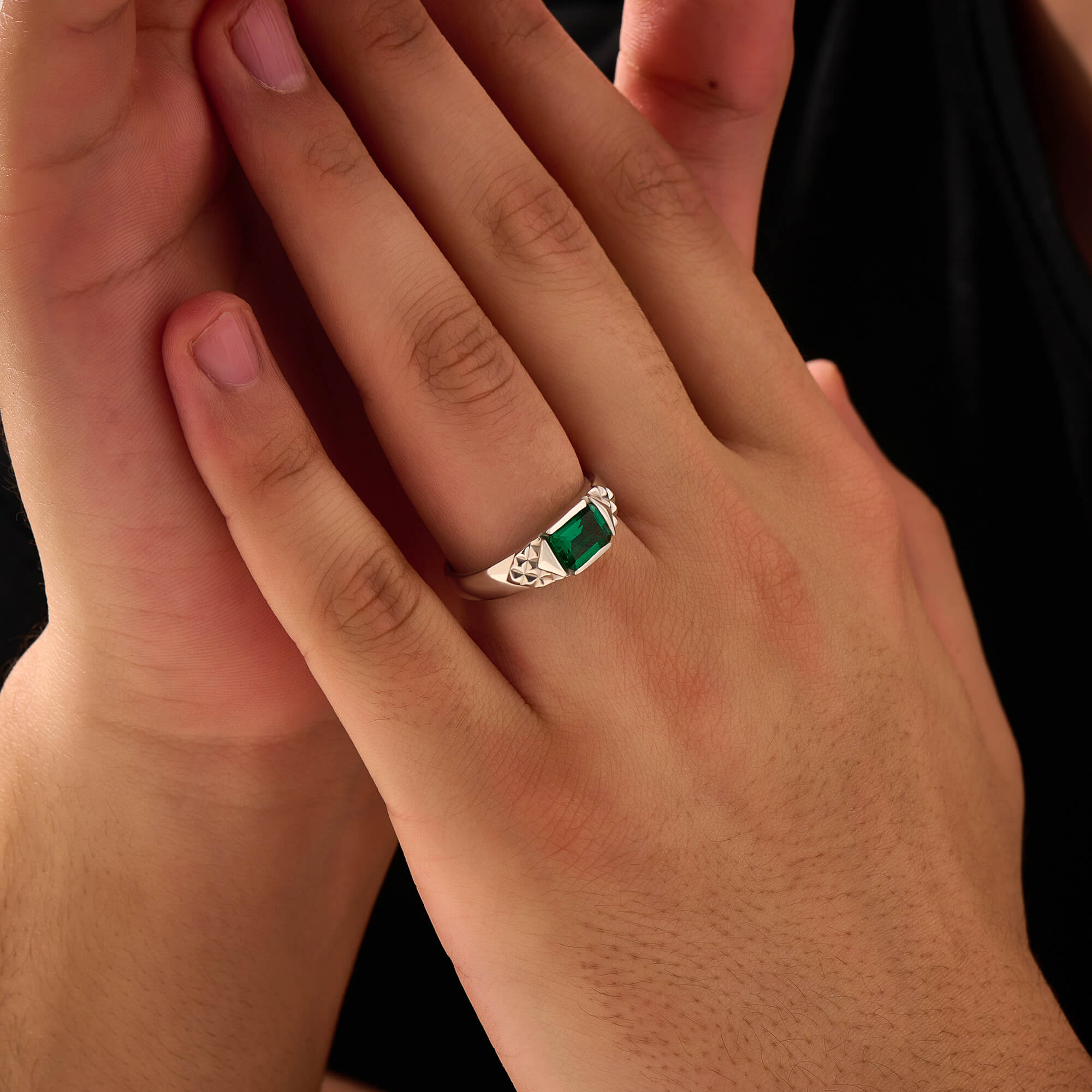 Men's Silver Pyramid Emerald Signet Ring