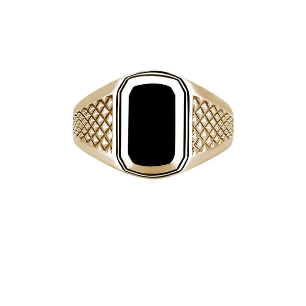 Men's Solid Yellow Gold Black Lacquer Finished Signet Ring with Pyramid Design