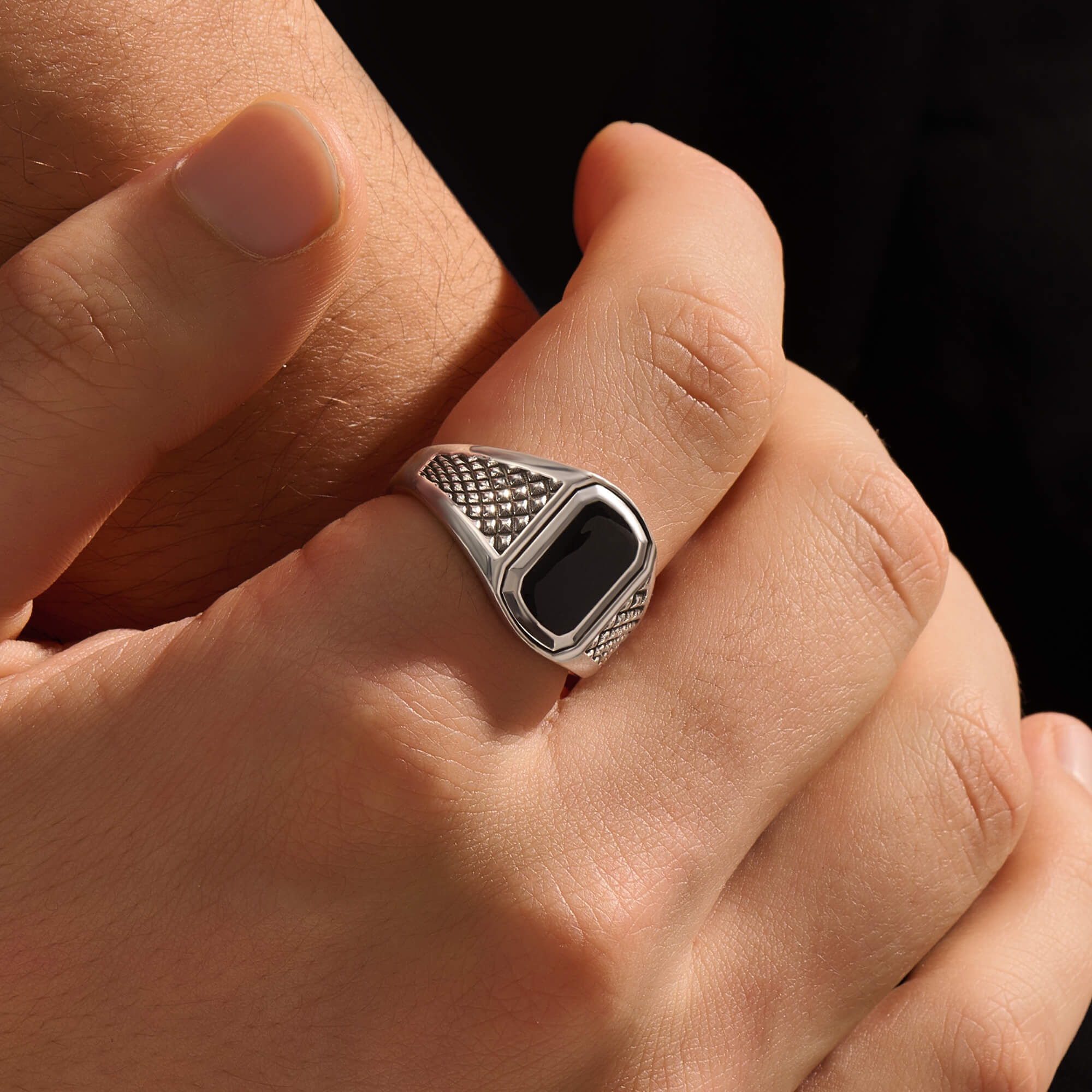 Men's Solid Gold Pyramid Signet Ring with Black Lacquer