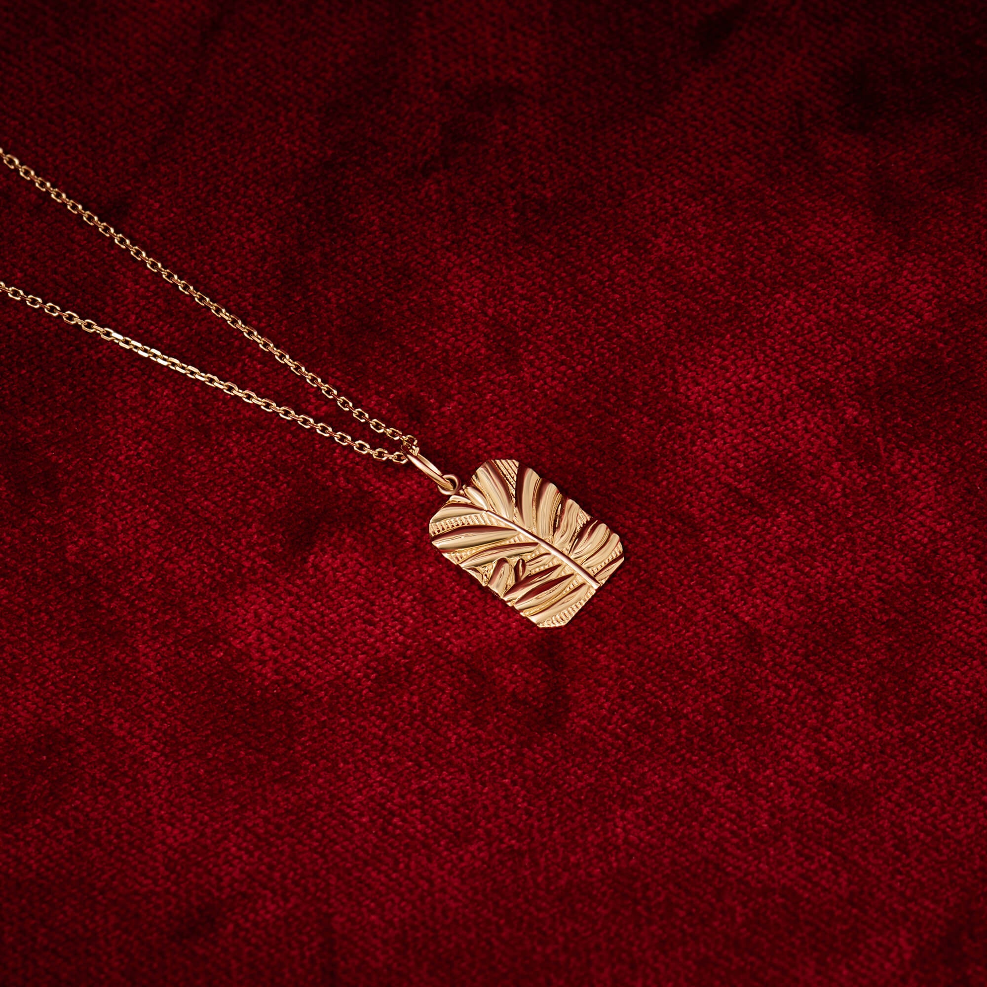 Solid Yellow Gold Rectangular Botanical Necklace
