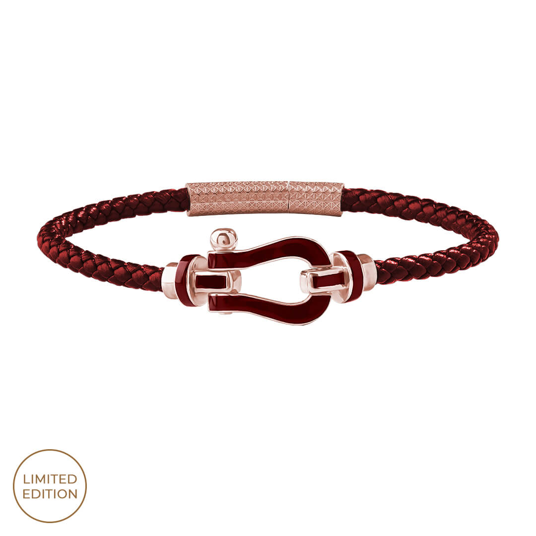 Atolyestone Red Enamel Leather Bracelet in 925 Sterling Silver