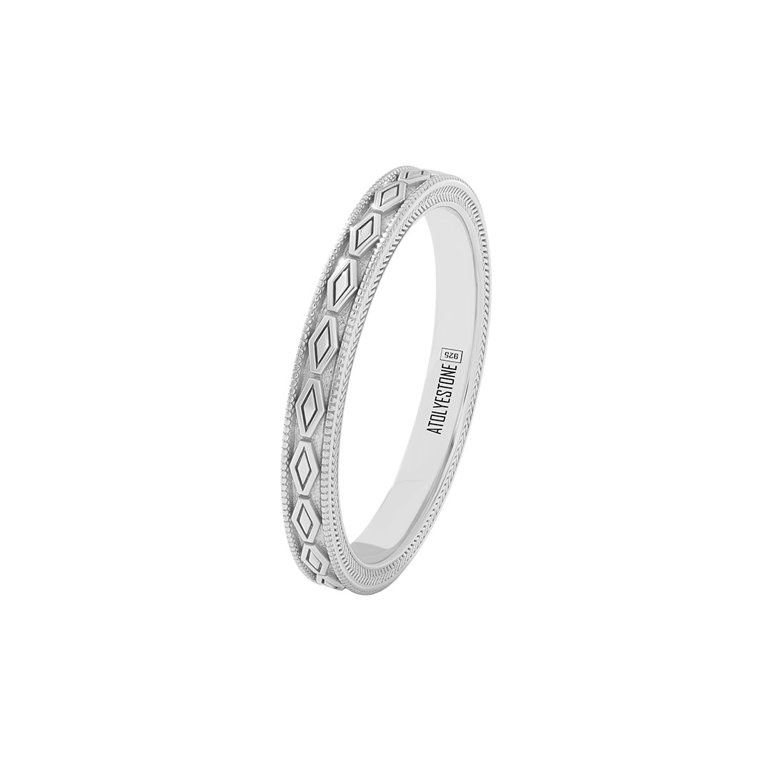 Solid Silver Band Ring with Rhombus Milgrain Pattern