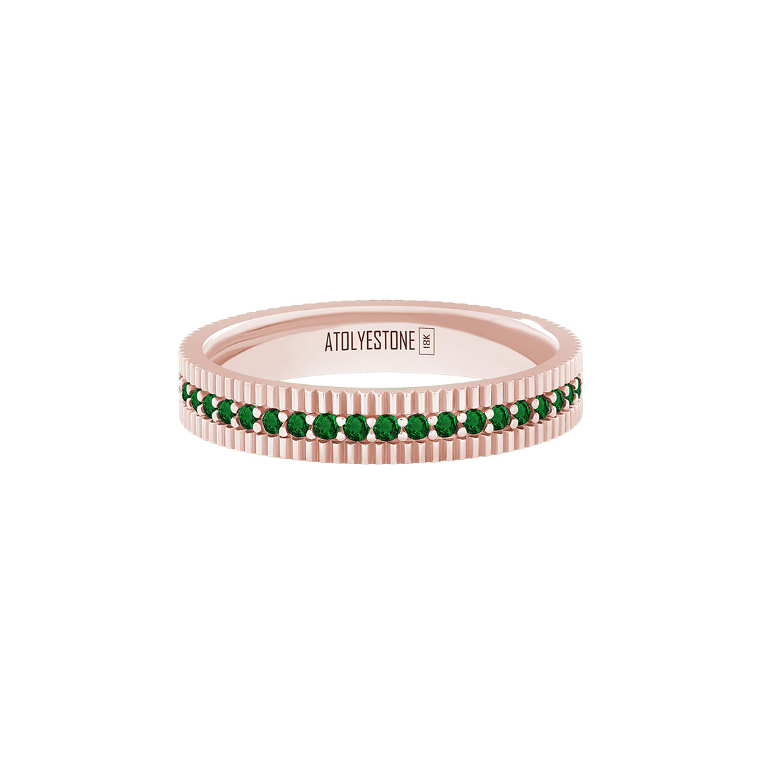 Ribbed Pave Band Ring in Solid Rose Gold - Pave Emerald
