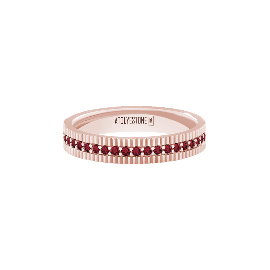 Ribbed Pave Band Ring in Solid Rose Gold - Pave Ruby