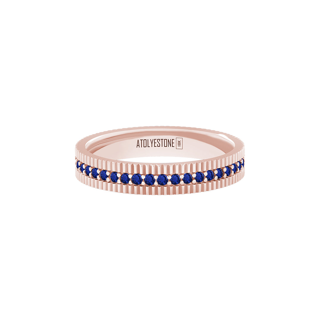 Ribbed Pave Band Ring in Solid Rose Gold - Pave Sapphire