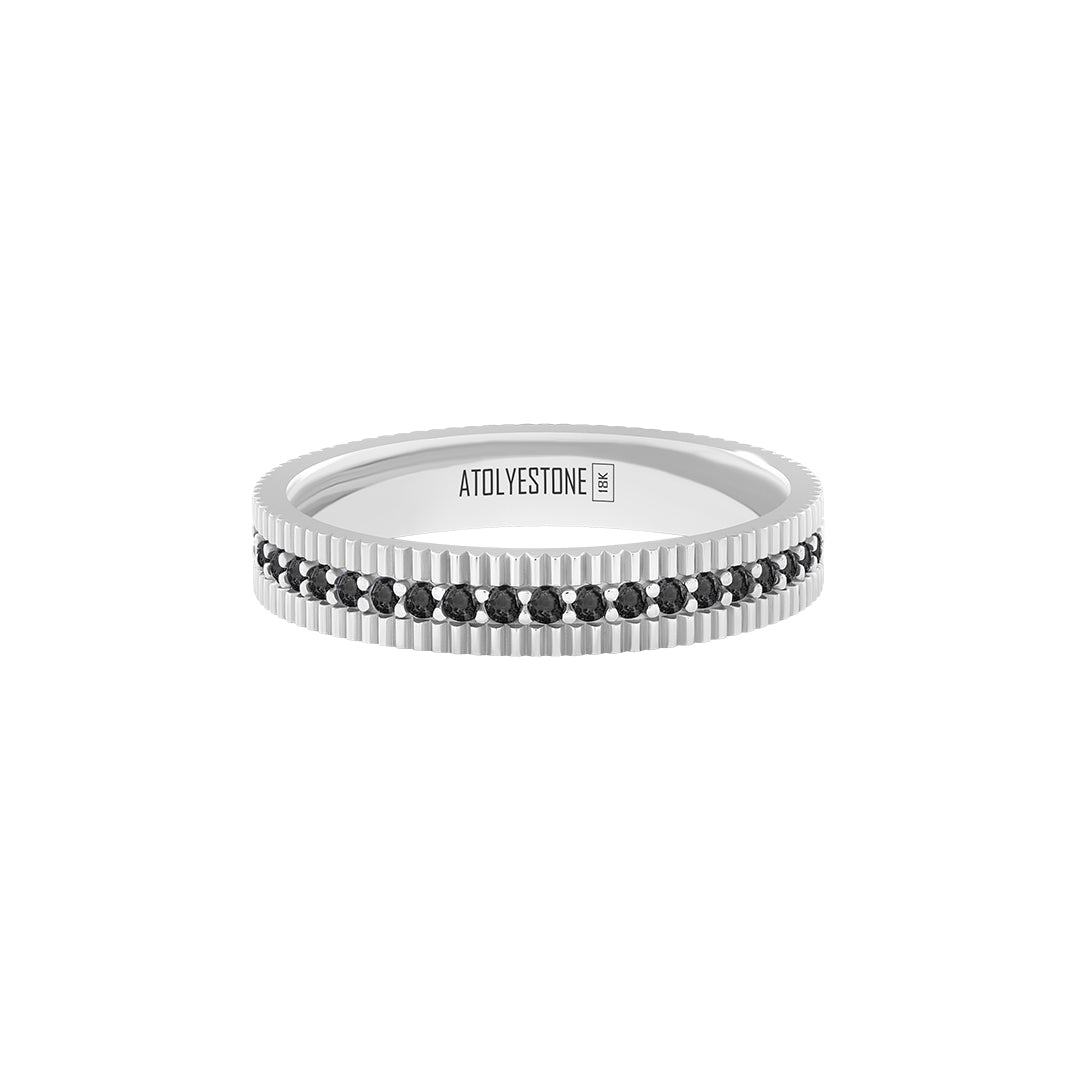 Ribbed Pave Band Ring in Solid White Gold - Pave Black Diamond