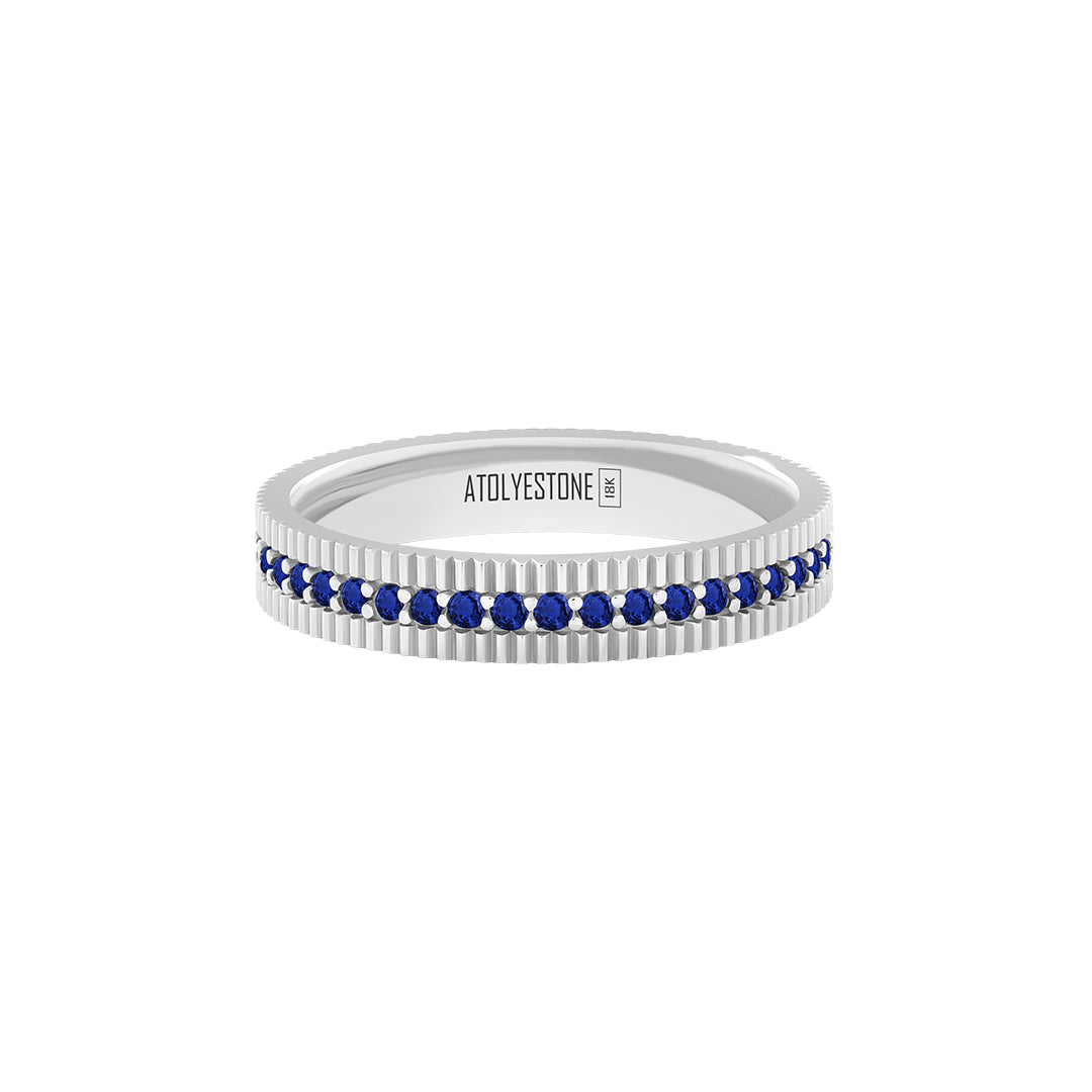 Ribbed Pave Band Ring in Solid White Gold - Pave Sapphire