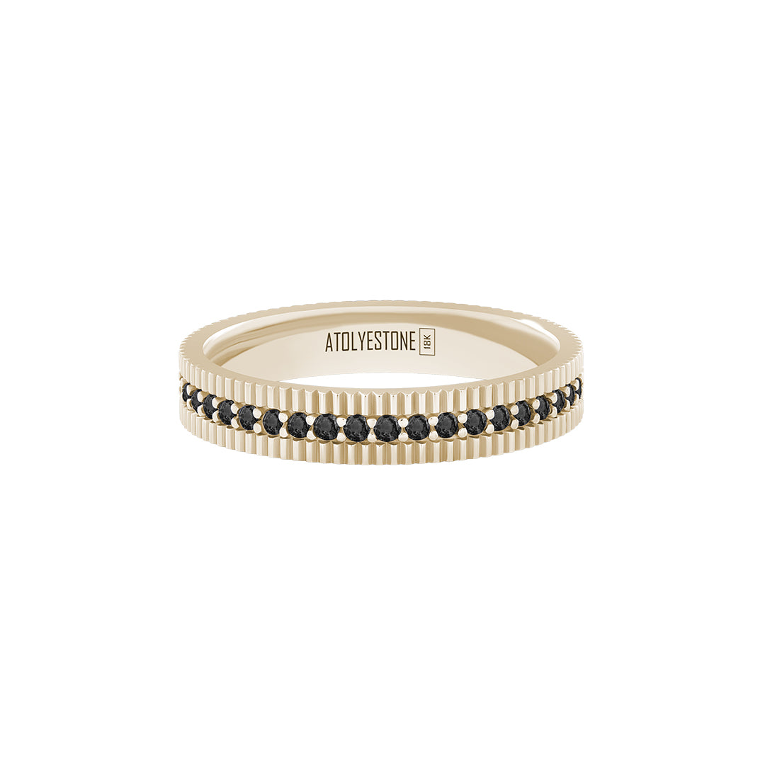 Ribbed Pave Band Ring in Solid Yellow Gold - Pave Black Diamond