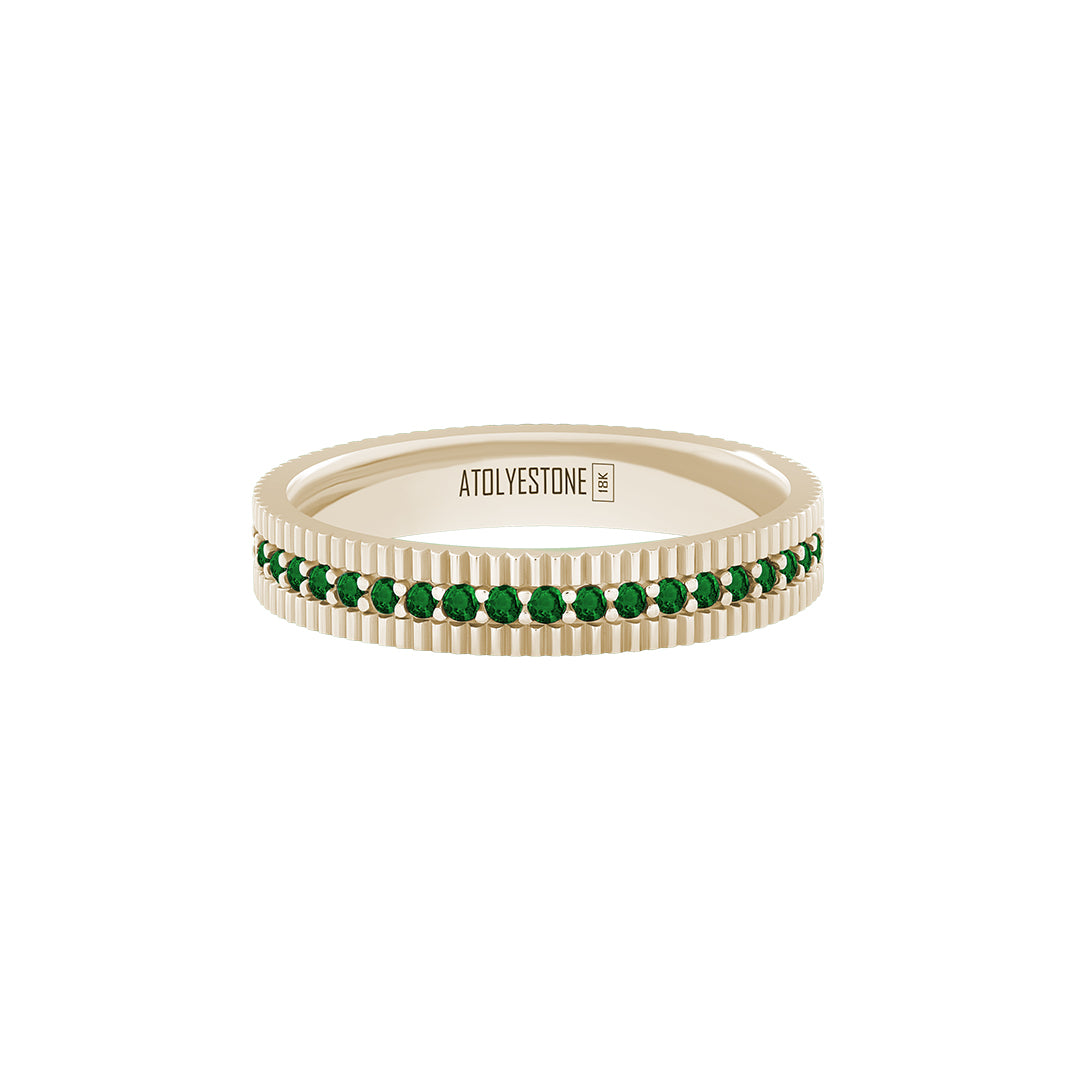 Ribbed Pave Band Ring in Solid Yellow Gold - Pave Emerald