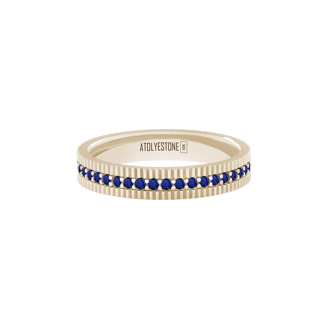 Ribbed Pave Band Ring in Solid Yellow Gold - Pave Sapphire