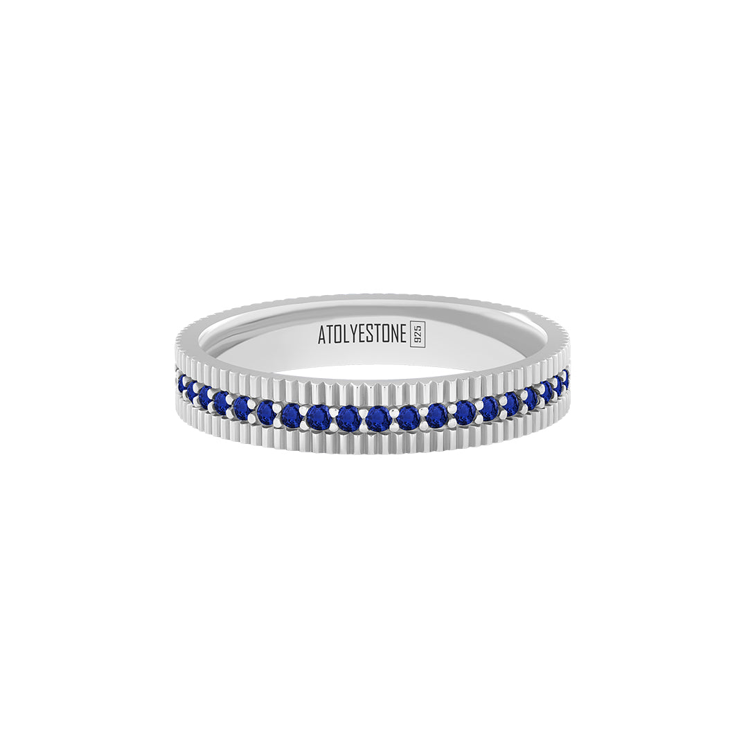 Ribbed Pave Band Ring in 925 Sterling Silver - Pave Sapphire