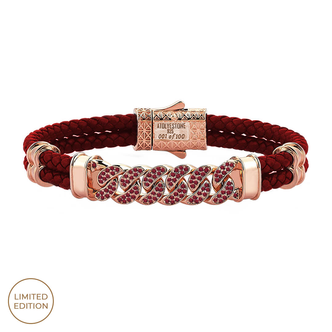 Men's Ruby Pave Red Leather Cuban Links Bracelet