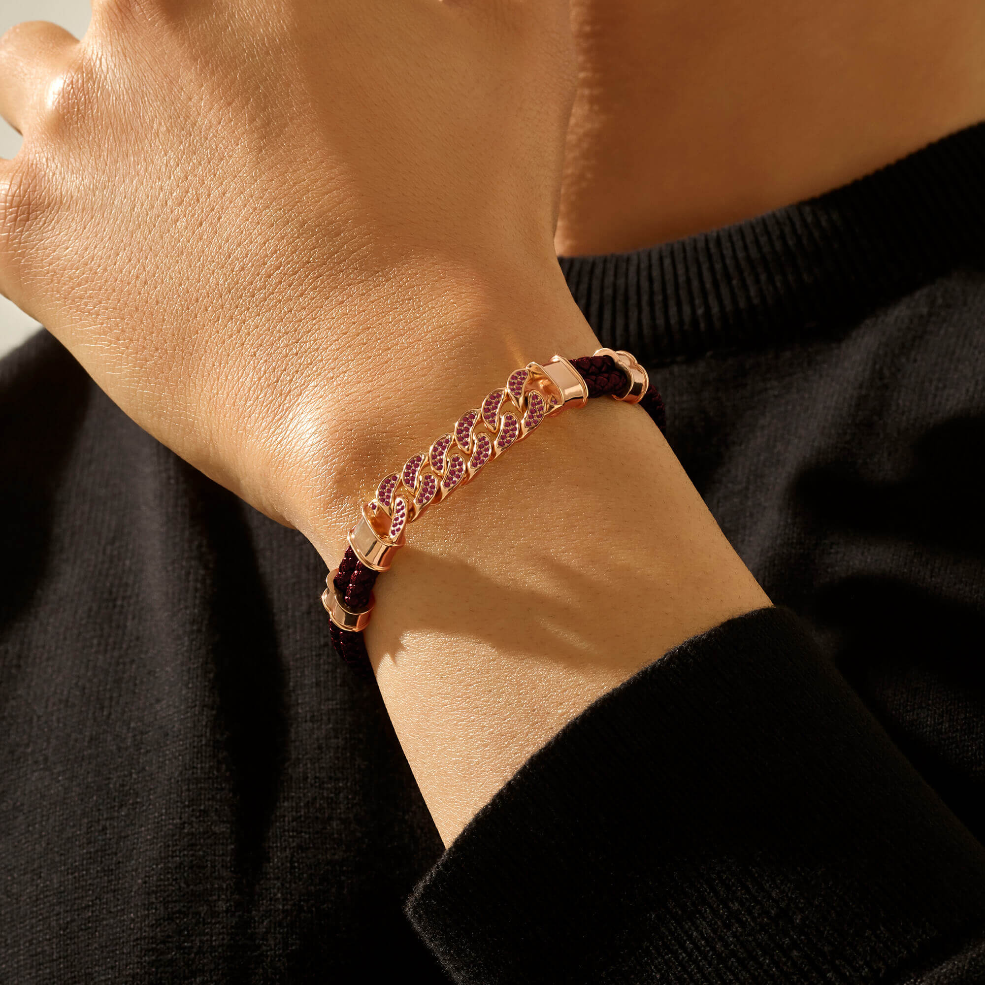 Designer Cuban Links Chain Red Leather Bracelet - 0.58ct Ruby Pave