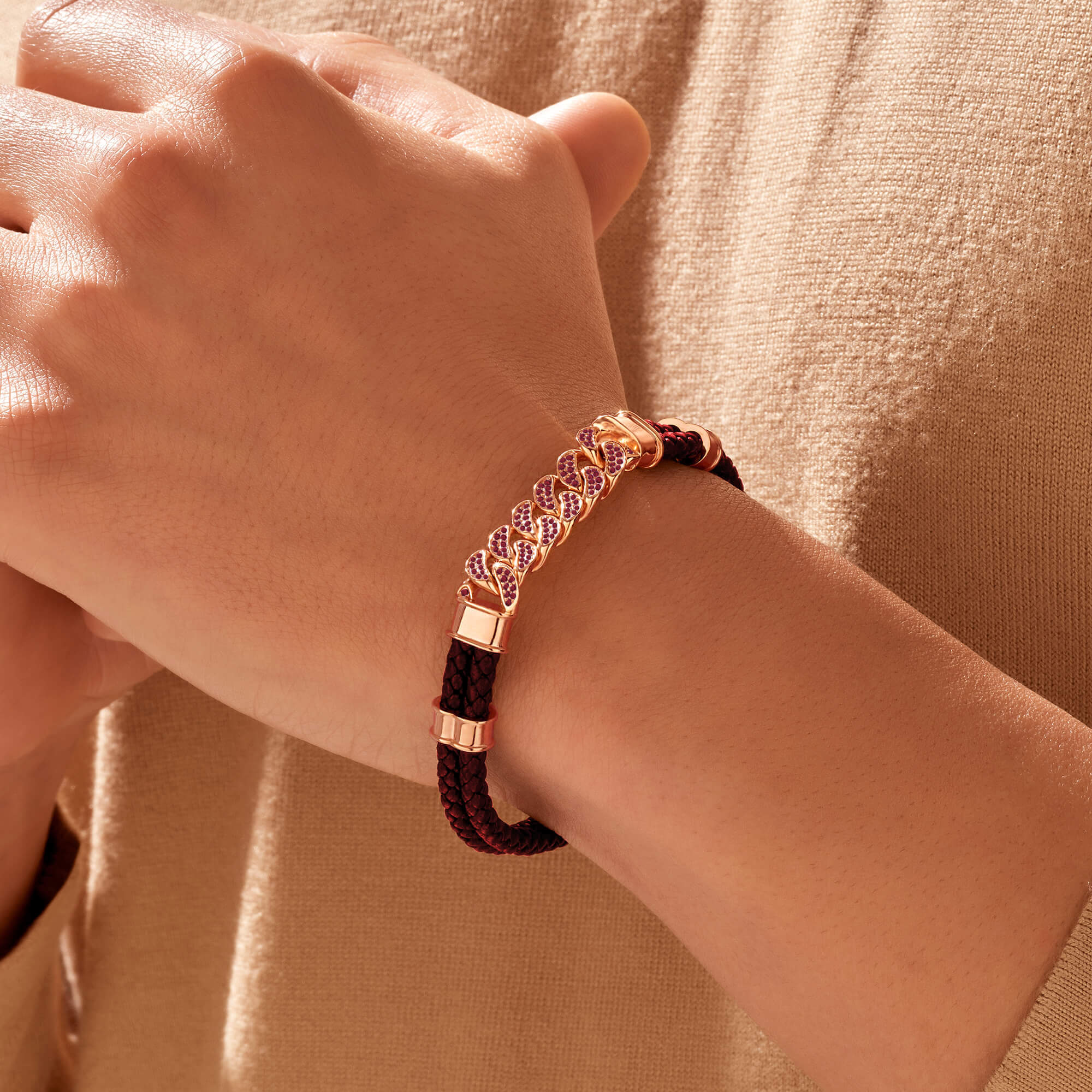 0.58 ct Ruby Pave Red Leather Cuban Links Bracelet