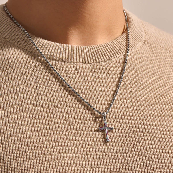 Men's Ruby Pave Cross Pendant in Solid Silver