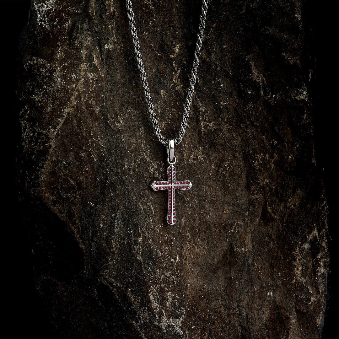 Men's Limited Edition Ruby Pave Cross Pendant in Silver
