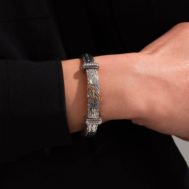 Men's Limited Edition Ruby Pave Statement Woven Bangle in 925 Sterling Silver with 14K Solid Gold