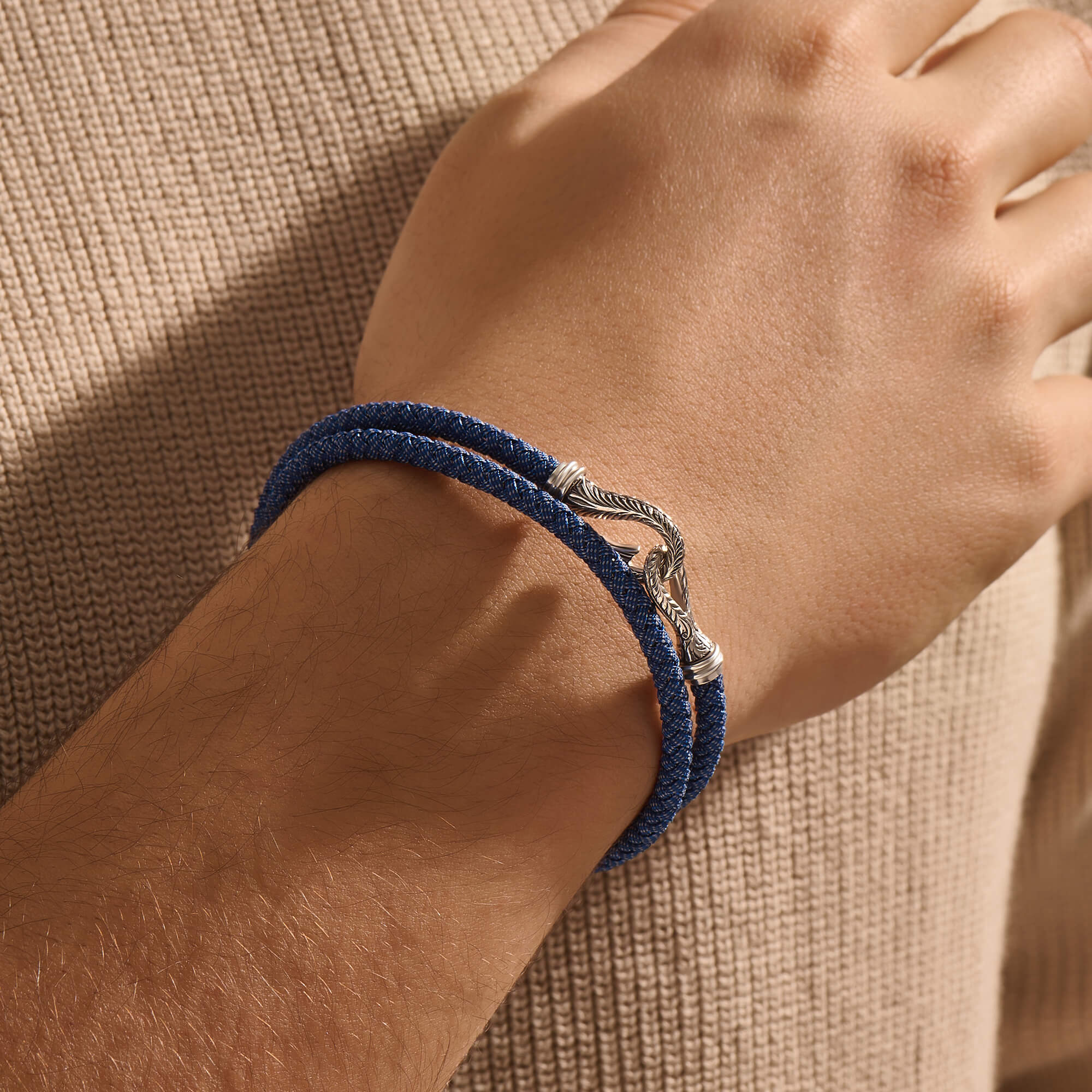 Men's Sailor's Cotton Wrap Bracelet in Sterling Silver